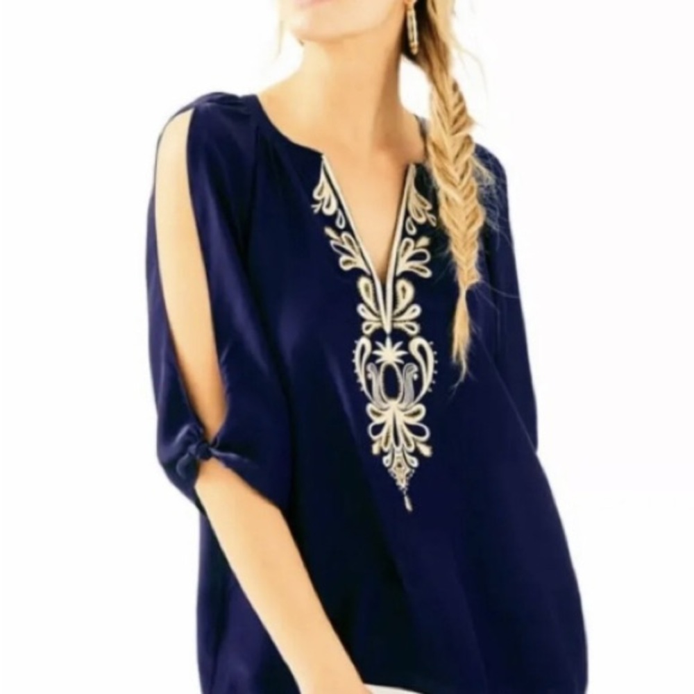 Lilly Pulitzer “Bryce” silk Midnight Blue Blouse with Gold Embroidery